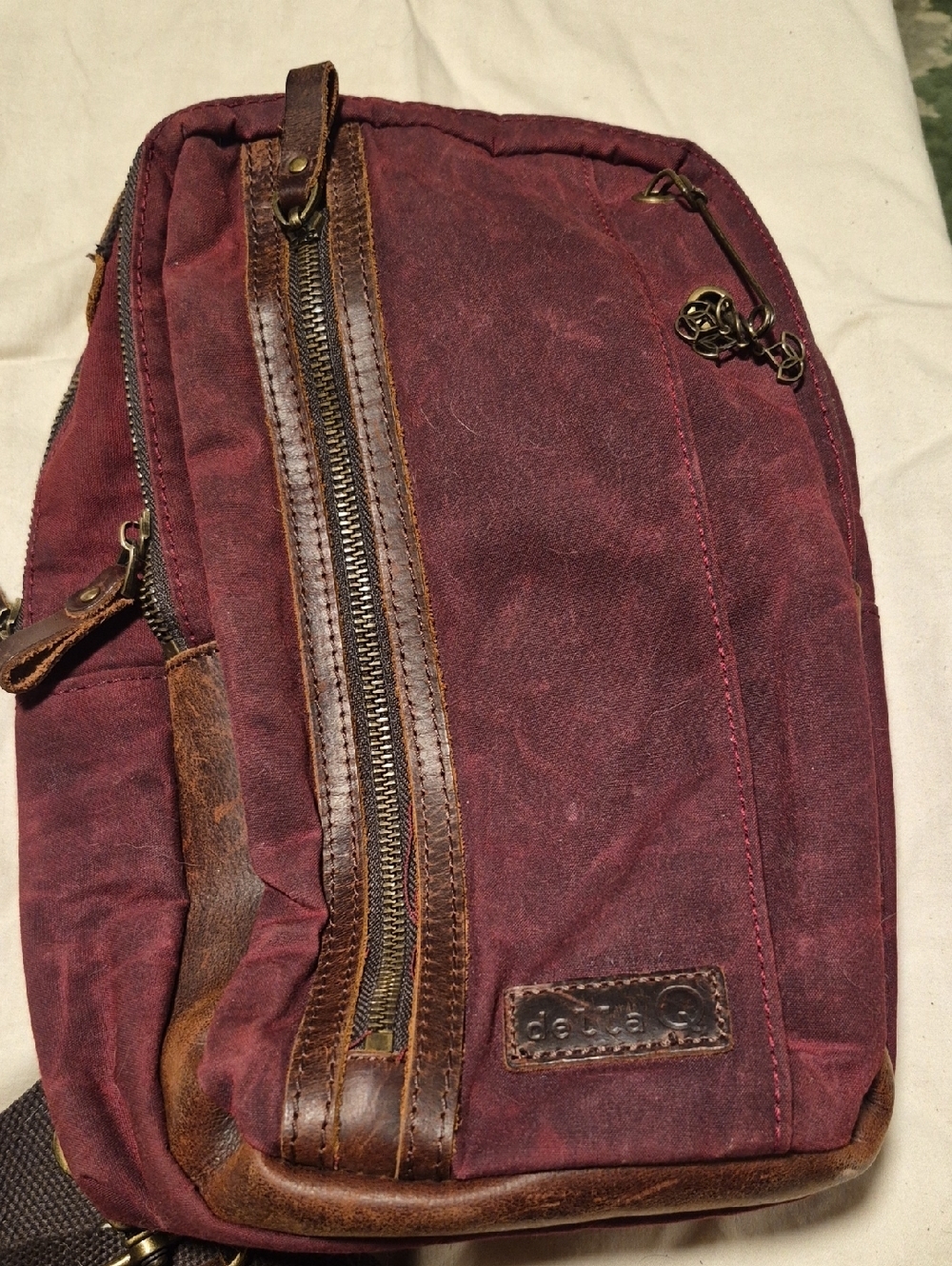 Burgundy Canvas Sling Bag with Brown Leather Trim